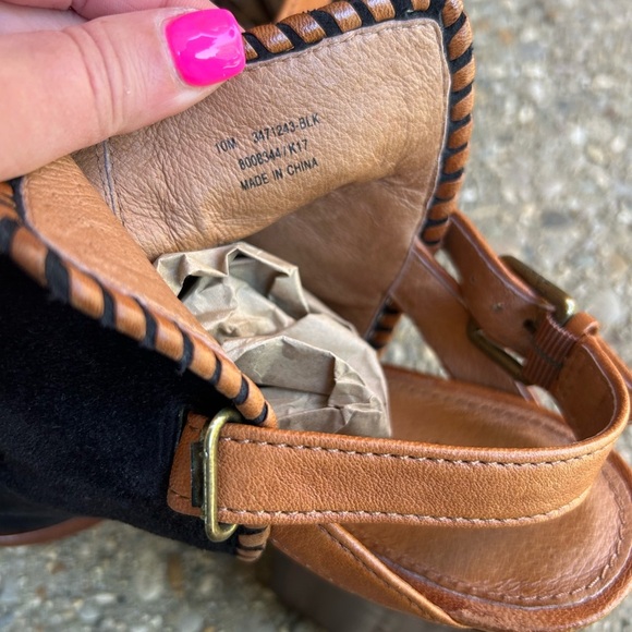 Frye Bohemian Whipstitch Suede Stacked Heel Black Peep Toe Boots Size 10 - Picture 4 of 12
